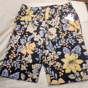 Gloria Vanderbilt Navy Floral Swim Shorts with Yellow & Light Blue Blooms